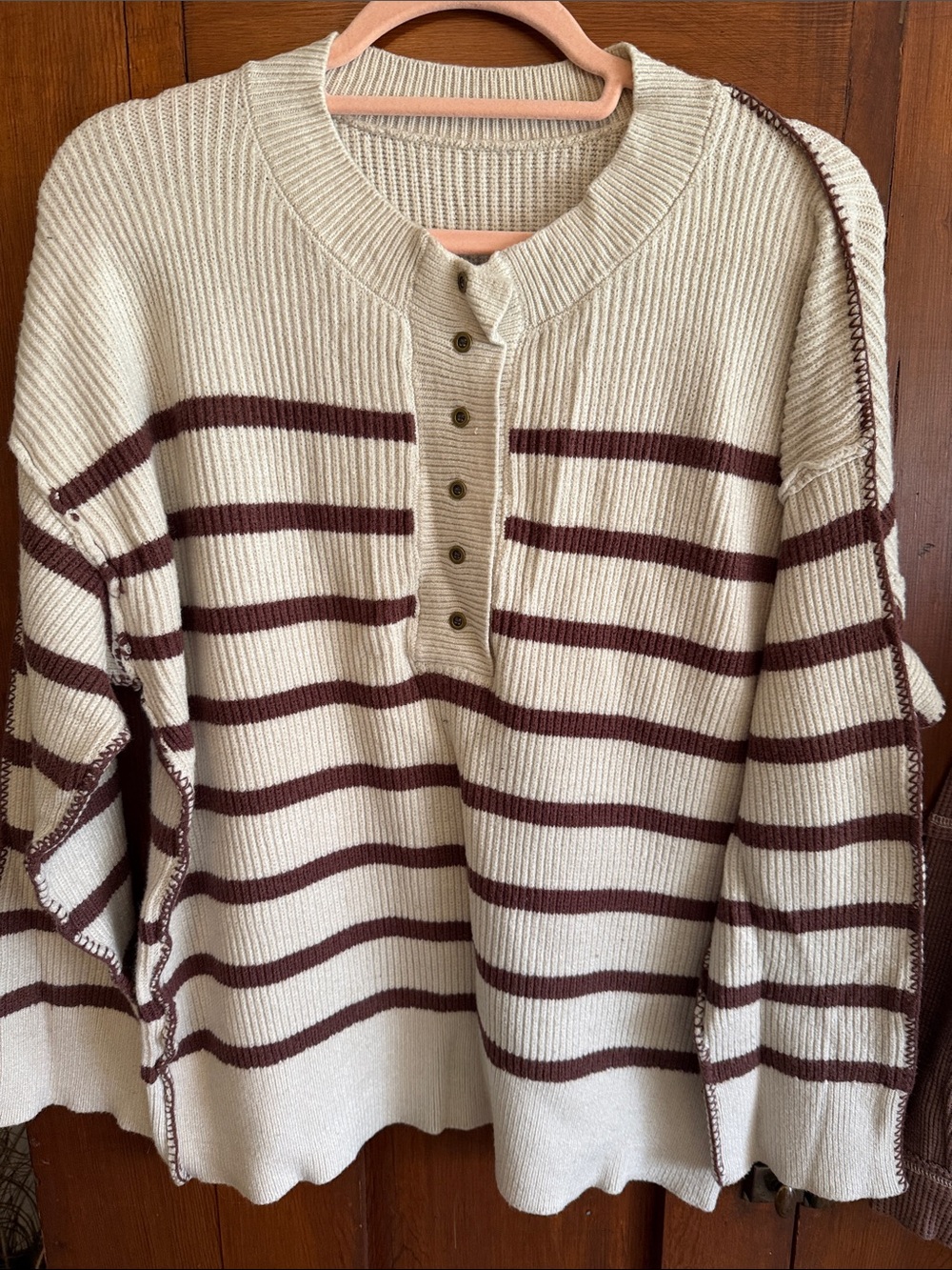 Men's Cream & Brown Striped Henley Sweater